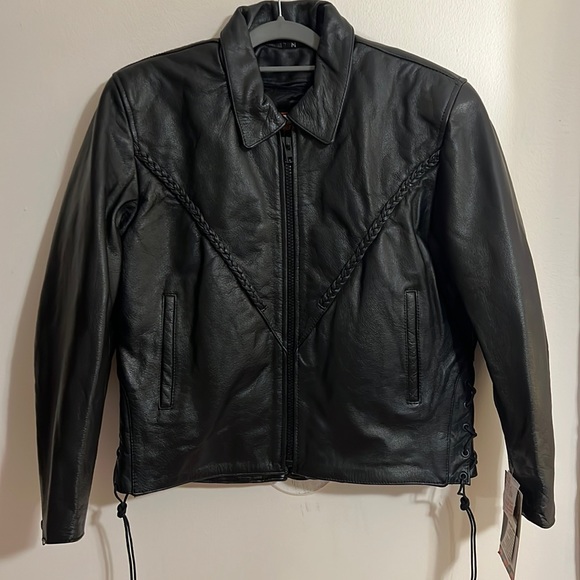 Interstate Leather braid trim motorcycle leather jacket NWT - Picture 1 of 7